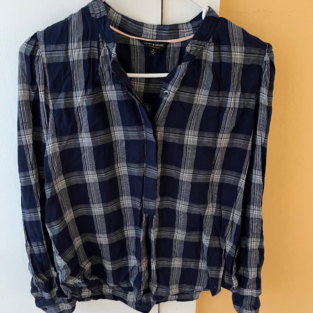 Lucky Brand Plaid Puff Sleeve Shirt Navy Small